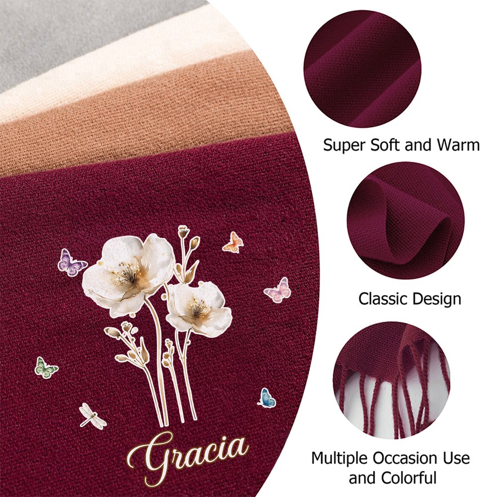 Personalized Watercolor Style Flower Multicolor Super Soft Tassel Warm Scarf with Name Christmas Birthday Anniversary Gift for Family Friends 6