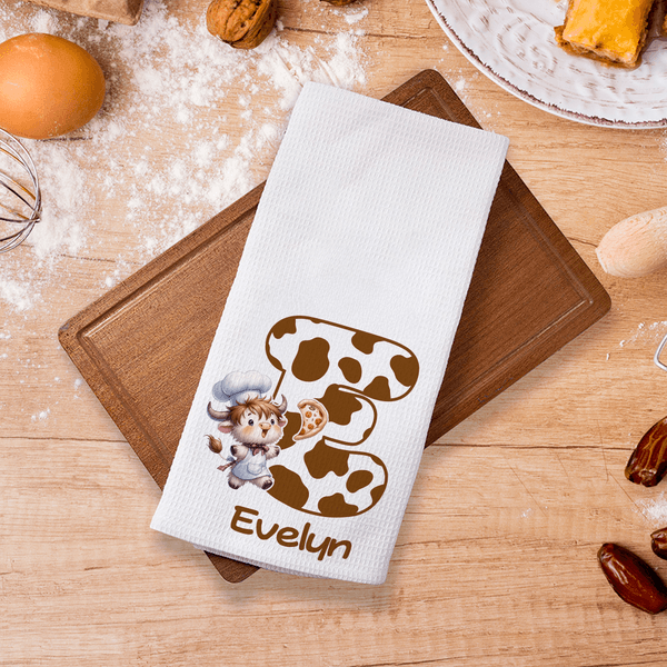 Personalised Highland Cow Chef Initial Waffle Tea Towel with Name Kitchen Decor Birthday Christmas Gift for Kids Highland Cow Lovers