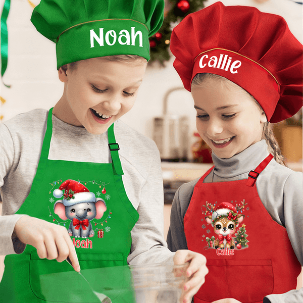 Chapeau de Noël personnalisé Animaux Tablier réglable pour enfants Tablier de chef avec nom et poche pour la cuisine Cadeau de Noël pour enfants