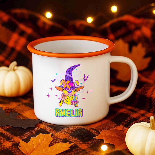 Personalised Multicolor Classic Cartoon Bats Halloween Witch Marsupilami 12 oz Enamel Mug with Name Halloween Gift for Kids | Callie × Marsupilami®