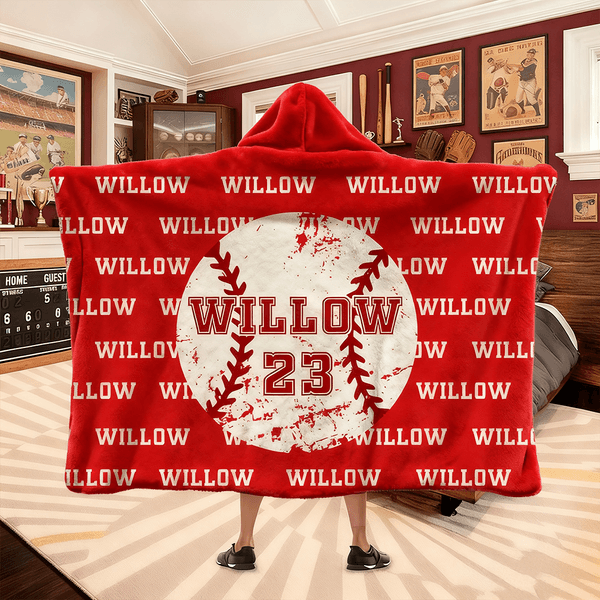 Personalized Baseball Basketball Ball Soft Multicolor Hooded Blanket with Name and Number Team Birthday Gift for Sports Lovers