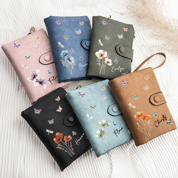 Personalised Watercolour Flower Butterfly Name PU Leather Wallet with Card Slots and Wrist Strap Birthday Gift for Girls Women