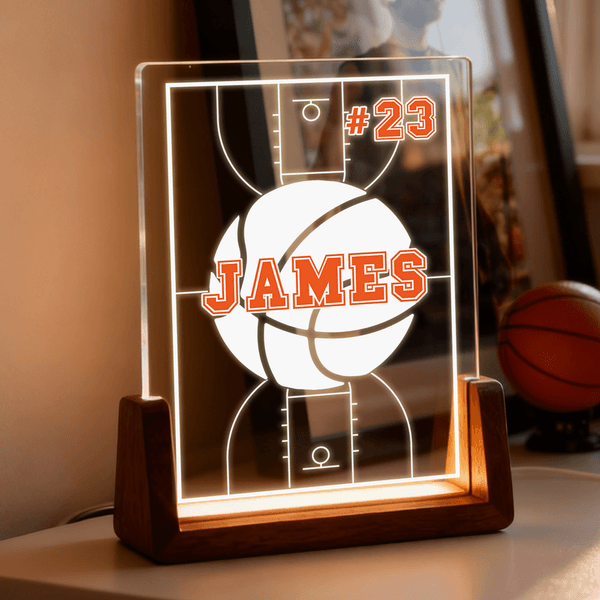 Luz nocturna LED acrílica con silueta de balón personalizada con base de madera y nombre y número Decoración de escritorio Cumpleaños Regalo de Navidad para los amantes del deporte