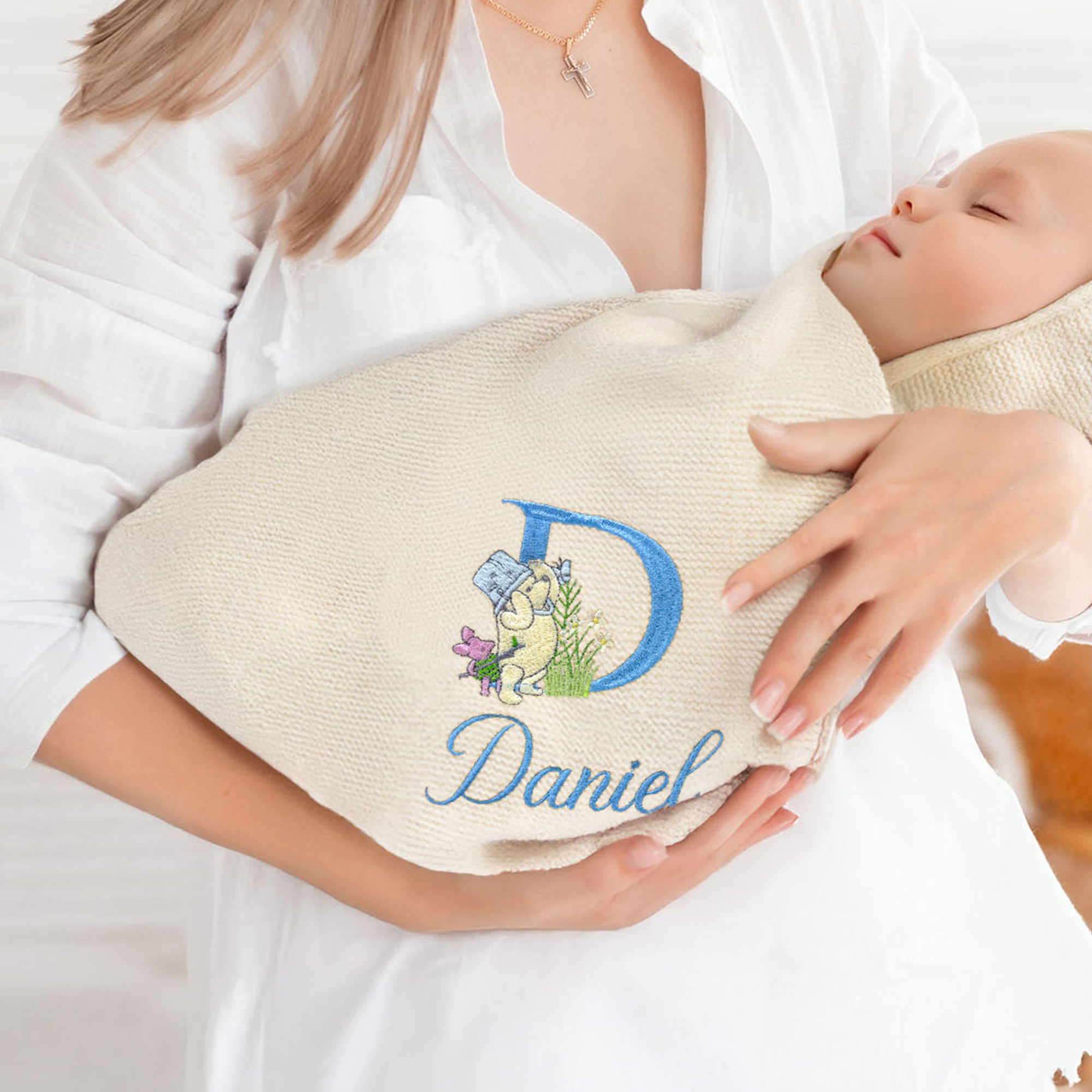 Personalized Classic Winnie the Pooh Initial Soft Cotton Baby Blanket with Embroidered Name Baby Shower Birthday Gift for Newborns Babies