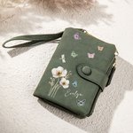 Gepersonaliseerde aquarel bloem vlinder naam PU lederen portemonnee met kaartsleuven en polsband verjaardagscadeau voor meisjes vrouwen