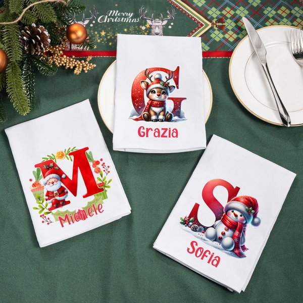 Tovagliolo in cotone personalizzato, con ghirlanda, pinguino, pupazzo di neve e iniziale - Regalo di Natale per bambini, familiari e amici