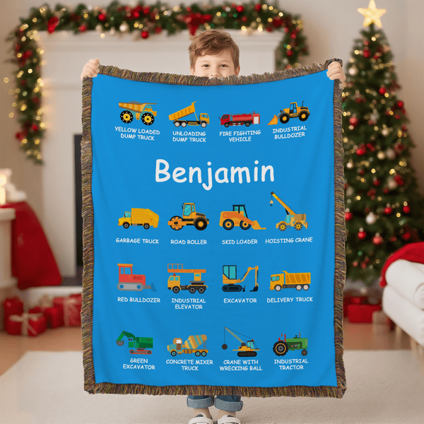 Personalised Construction Lorry Multicolour Soft Tassel Blanket with Name Birthday Christmas Gift for Kids Lorry Lovers