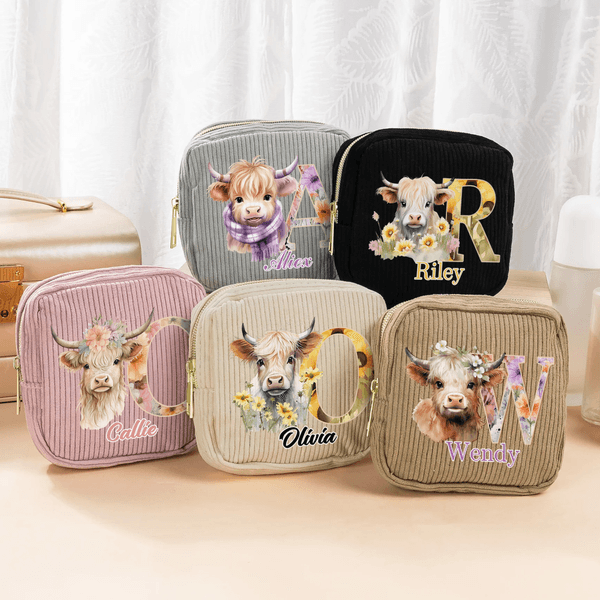 Personalized Floral Initial Highland Cow Square Corduroy Makeup Bag with Name and Zipper Travel Birthday Gift for Women Friends