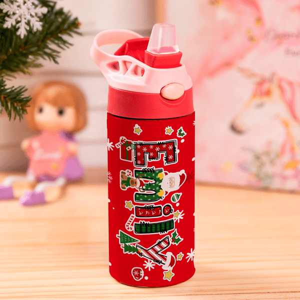 Personalised Deer Santa Claus Christmas-Themed Letters 12 oz Insulated Kid Water Bottle with Handle and Straw Christmas Gift for Boys Girls