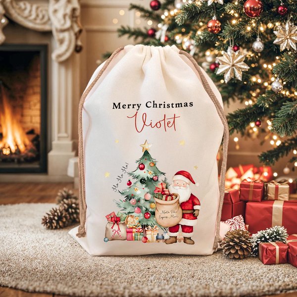 Personlig jultomte Julgran Stor Canvas Presentpåse med dragsko och titel och namn Julklapp till familj och vänner