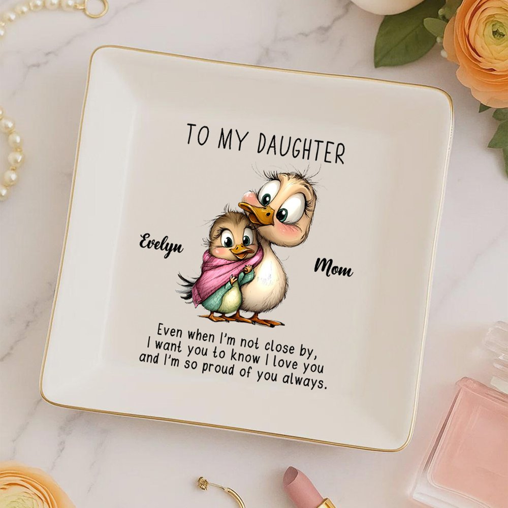 Personalized Watercolor Mom and Baby Animals Square Ceramic Trinket Jewelry Dish with Name and Text Home Decor Christmas Birthday Gift for Family 4