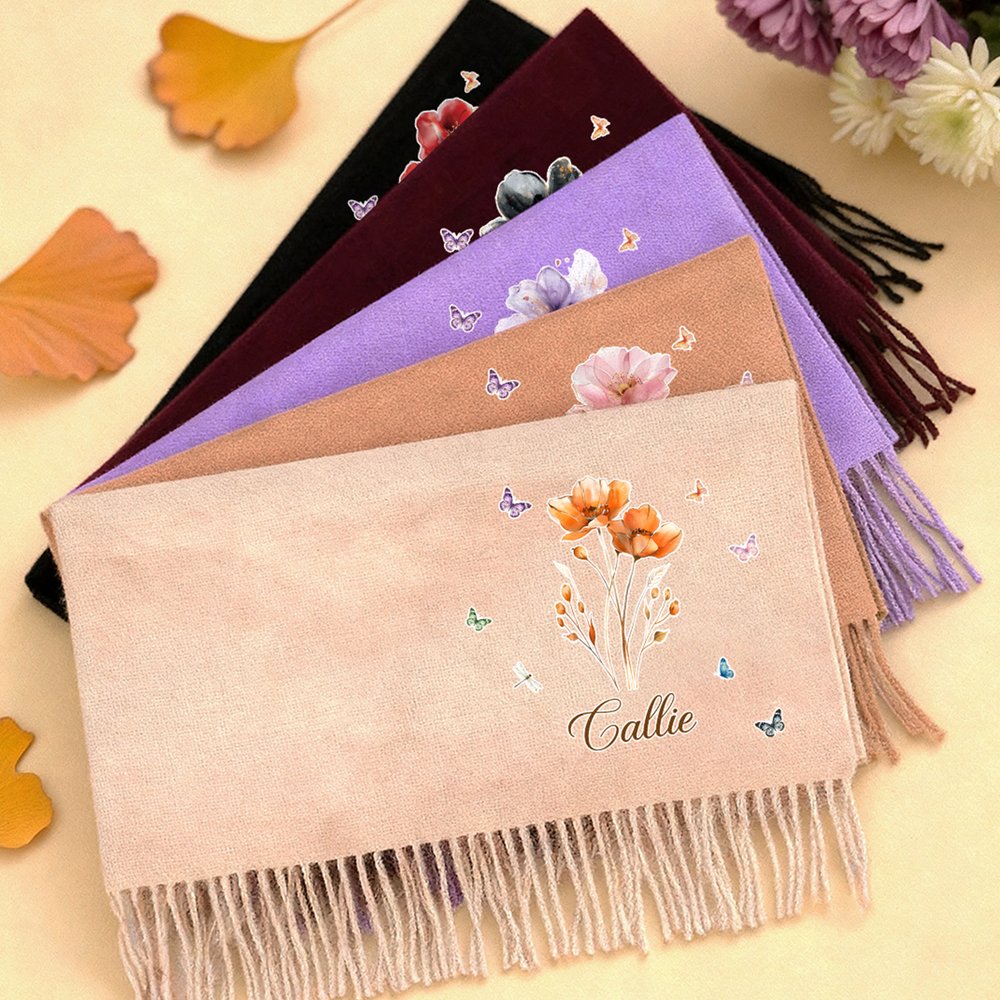 Personalized Watercolor Style Flower Multicolor Super Soft Tassel Warm Scarf with Name Christmas Birthday Anniversary Gift for Family Friends 5