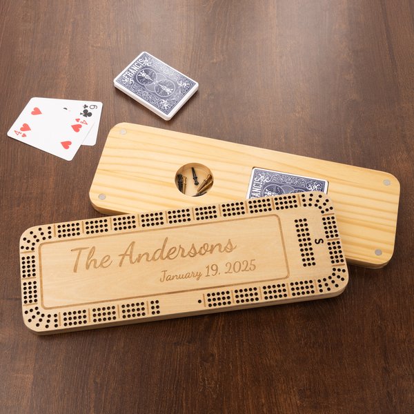 Personalized Wooden 3 Track Text Cribbage Board with Pegs and Poker Game Night Christmas Birthday Gift for Cribbage Lovers