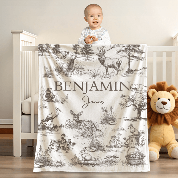 Ours Retro Personnalisé Cerf Forêt Animaux Doux Couverture avec Nom et Prénom Cadeau d'Anniversaire Douche de Bébé pour Nouveau-Nés Enfants