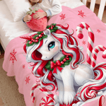 Personalized Christmas Fantasy Unicorn Snowflake Candy Cane Soft Throw Blanket with Name Home Decor Christmas Gift for Kids