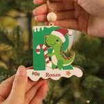 Personalized Cute Santa Hat Dinosaur Initial Wooden Ornament with Name Home Decor Christmas Gift for Kids Dinosaur Lovers