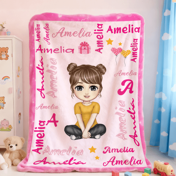 Personalized Multicolor Cartoon Character Soft Throw Blanket with Names and Initial Home Decor Birthday Gift for Kids