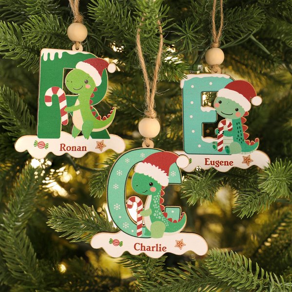 Personalized Cute Santa Hat Dinosaur Initial Wooden Ornament with Name Home Decor Christmas Gift for Kids Dinosaur Lovers