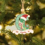 Personalized Cute Santa Hat Dinosaur Initial Wooden Ornament with Name Home Decor Christmas Gift for Kids Dinosaur Lovers