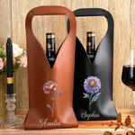 Personalised Birth Flower PU Leather Wine Bag with Name and Handle Protective Wine Accessories Birthday Gift for Wine Lover