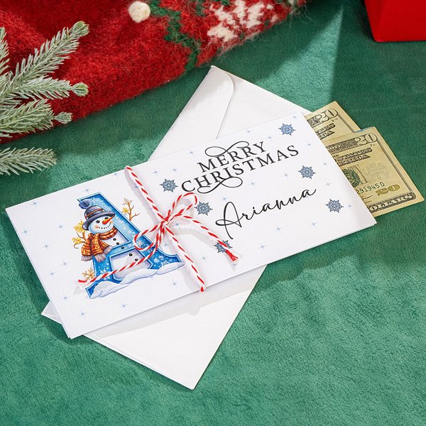 Personalized Merry Christmas Snowman Initial Money Holder Card Wallet with Name and Envelope Christmas Gift for Family Kids