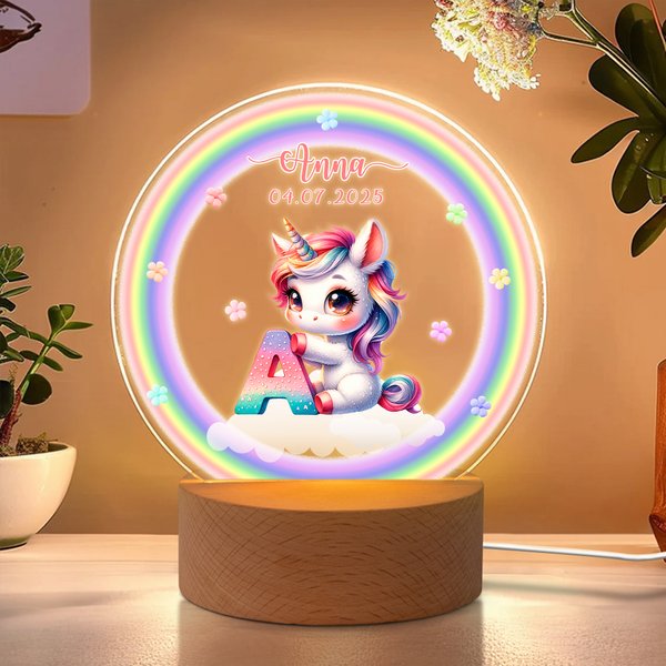 Personalisiertes Regenbogen Einhorn LED-Nachtlicht mit Initiale Namen und Holzsockel Kinderzimmer Haus Deko Geburtstag Geschenk für Mädchen Kinder