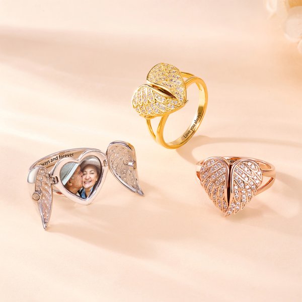 Personalized Dainty Heart Shaped Angel Wings Photo Ring with Engraved Text Anniversary Christmas Birthday Gift for Mom Wife Women