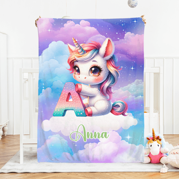 Personalised Gradient Dreamy Fantasy Unicorn Initial Design Soft Throw Blanket with Name Room Decor Christmas Gift for Women Girls