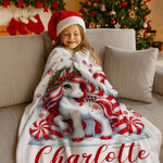 Personalized Christmas Fantasy Unicorn Snowflake Candy Cane Soft Throw Blanket with Name Home Decor Christmas Gift for Kids