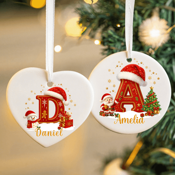 Personalized Santa Claus Snowman Santa Hat Initial Ceramic Christmas Ornament with Name Home Tree Decor Christmas Gift for Family Friends