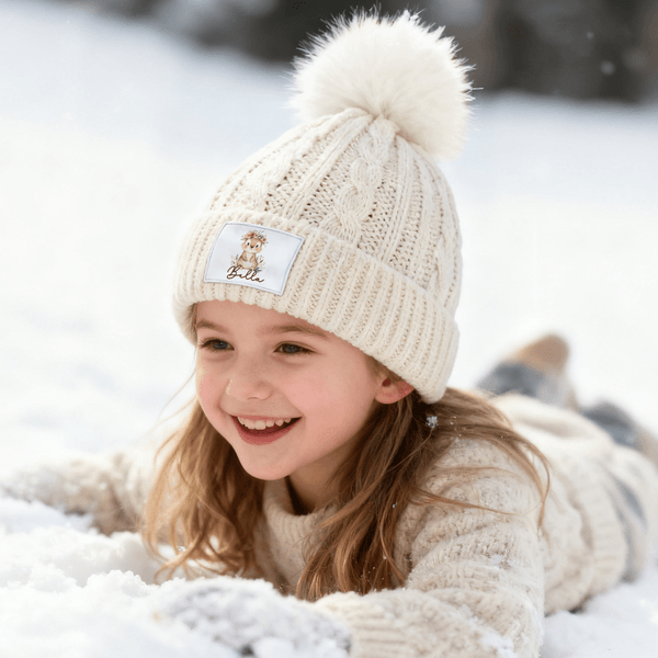 Personalized Cartoon Animals Cute Pom-Pom Soft Knitted Beanie Hat with Name Winter Accessory Birthday Christmas Gift for Boys Girls