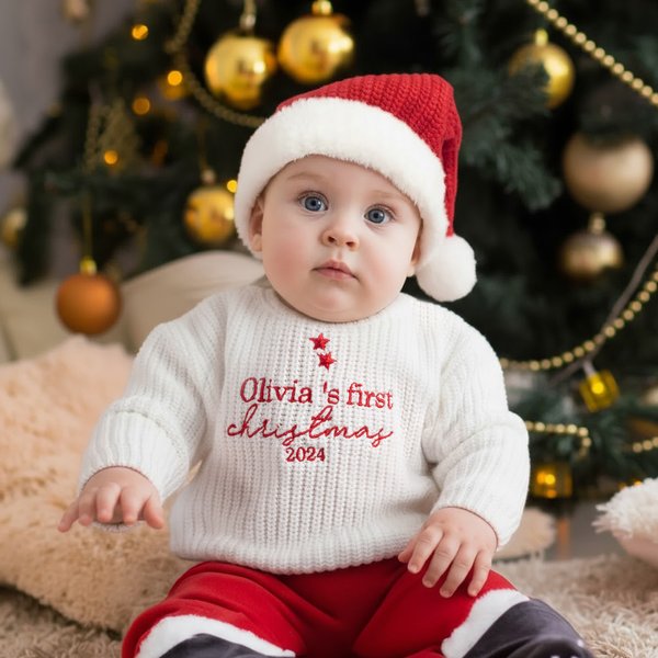 Juego de suéter de punto de manga larga y gorro de Papá Noel con nombre bordados y personalizados para mi primera Navidad Regalo de Navidad para bebé niño niña