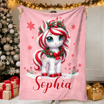 Fantasía navideña personalizada Unicornio Copo de nieve Bastón de caramelo Manta suave con nombre Decoración del hogar Regalo de Navidad para niños