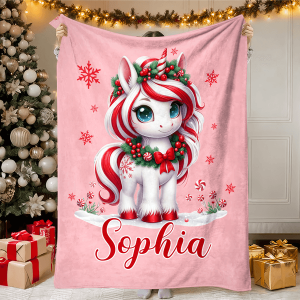 Fantasía navideña personalizada Unicornio Copo de nieve Bastón de caramelo Manta suave con nombre Decoración del hogar Regalo de Navidad para niños