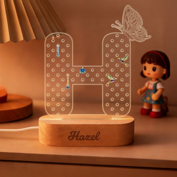 Personalised Butterfly Letter Acrylic Earring Holder LED Night Light with Wooden Base and Text Jewellery Storage Accessory Birthday Gift for Girls