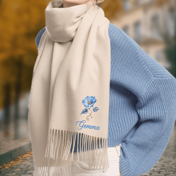 Personalisierter weicher Schal mit Geburtsblume Geburtsstein und Namen Winter Accessoire Geburtstag Geschenk für Familie Freunde