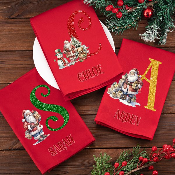 Personalized Santa Claus 100% Cotton Red Napkin with Name and Initial Table Decor Christmas Gift for Family Friends