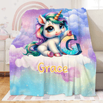 Personalised Gradient Dreamy Fantasy Unicorn Initial Design Soft Throw Blanket with Name Room Decor Christmas Gift for Women Girls