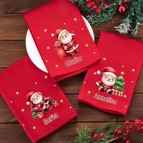 Tovagliolo  riutilizzabile in 100% cotone personalizzato, con Babbo Natale e nome, decor da tavola - Regalo di Natale per la famiglia e per amici