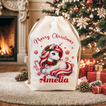 Spersonalizowana torba na prezenty Merry Christmas Fantasy Unicorn Drawstring Gift Bag z imieniem na Wigilię dla dziewczynek, chłopców i dzieci