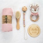 Personalised Cute Crochet Animal Baby Rattle Dummy Clip Swaddle Comb Set with Engraved Name and Gift Box Baby Shower Birthday Gift for Newborn
