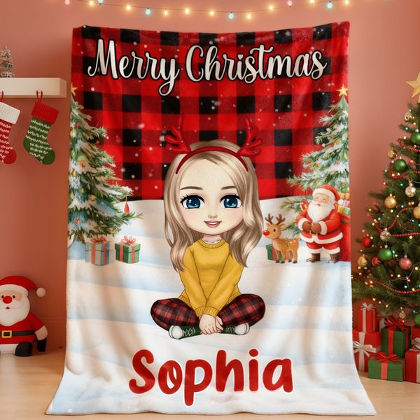 Gepersonaliseerd kerstthema stripfiguur zacht deken met naam Home Decor kerstcadeau voor kind familie