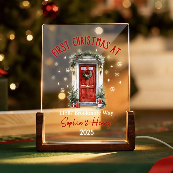Personalised New Home Acrylic LED Night Light with Name and Wooden Base Home Decor Housewarming First Christmas Gift for Kids Family Friends