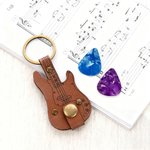 Personalised PU Leather Guitar Pick Holder Keychain with Engraved Text and Pick Birthday Christmas Gift for Guitar Music Lovers