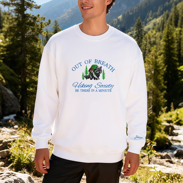 Personalised Embroidered Raccoon Multicolour T-shirt Sweatshirt Hoodie with Name Hiking Birthday Gift for Hiking Enthusiasts