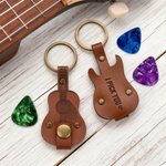 Personalised PU Leather Guitar Pick Holder Keychain with Engraved Text and Pick Birthday Christmas Gift for Guitar Music Lovers