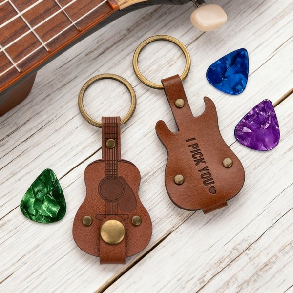 Personalized PU Leather Guitar Pick Holder Keychain with Engraved Text and Pick Birthday Christmas Gift for Guitar Music Lovers