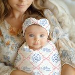 Personalised Pink Bows Floral Swaddle Blanket Hat Headband Set with Text Soft Baby Girl Shower Photography Gift for Baby Newborn