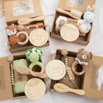 Personalised Cute Crochet Animal Baby Rattle Dummy Clip Swaddle Comb Set with Engraved Name and Gift Box Baby Shower Birthday Gift for Newborn