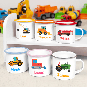Personalizowany emaliowany kubek 355 ml z imieniem i wzorem maszyn budowlanych prezent urodzinowy dla dzieci